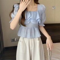 시어서커블라우스 스퀘어넥 프릴 소매 벌룬 베이비돌 셔츠