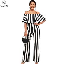 점프수트 점프슈트 jumpsuit VAZN-하이 엔드 스트라이프 쉬폰 슬래시 넥 반팔 롱 와이드 레그 점프 슈트 사