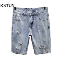고급청바지 찢어진 청바지 반바지 남성 여름 밝은 파란색 스트레이트 데님 반바지 남성 힙합 디스트레스 구멍 짧은 남성 청바지 옴브레 오버사이즈 42
