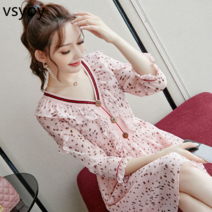 vsyoy 봄 여성의 새로운 오리지널 디자인 여성의 V 넥 핑크 쉬폰 드레스 허리 슬리밍 기질
