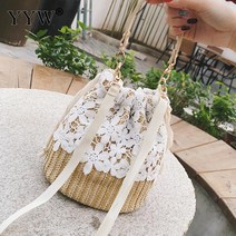 여성 토트백 YYW 대나무 핸드백 여름 해변 지갑 가방 하프 짚 레이스 짠 슬링 어깨 Crossbody 베이지