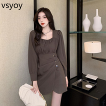 vsyoy 프렌치 프라이드 스트리트 디자인 센스 마이너 레트로 라이트 럭셔리 연예인 나이 감소 빛 성숙한 스타일 주름 허리 드레스 여성