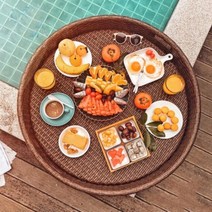 등나무 라탄 플로팅 트레이 물에뜨는 쟁반 바구니 조식 수영장 풀빌라 펜션 리조트, 구멍이 있는 원형 갈색(60x20)