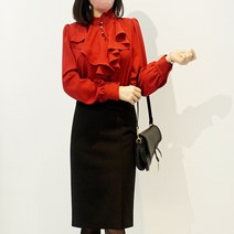 풍성한 프릴넥 플라운드 시폰 블라우스 여성 정장 브라우스 오피스 하객룩 코디 3color