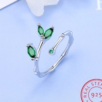 에메랄드반지 패션 보석 반지 탄생석고급 진짜 925 스털링 실버 잎 그린 여성 오픈