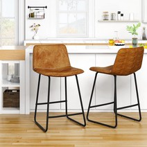 AWQM 바 스툴 2개 세트 금속 다리와 발판이 있는 빈티지 PU 가죽 펍 높이 스툴 주방 아일랜드 카운터 스툴/의자 다이닝룸/라운지/주방용 브라운, 2piece-camel