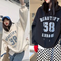 여성 겨울 캐주얼룩 방한티셔츠 레터링 기모후드티