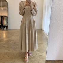 데이프릴 여성용 팬터 벌룬 스퀘어넥 주름 플레어 롱원피스