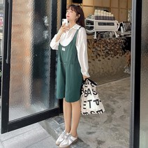 플러스 빅사이즈 벨트라인 조임끈 점프슈트 멜빵 반바지