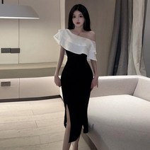 파티드레스 오프 숄더 슬림핏 슬릿 드레스 여성용 색상 매칭 러플 중간 길이