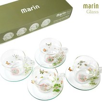 마린꽃 내열유리 커피잔 4인조 (잔받침 홈카페 유리컵 찻잔세트), 토나