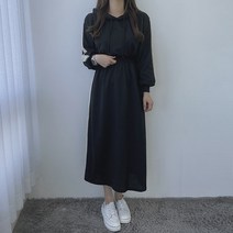 VANANA2 배색 라인 허리밴딩 퍼프 후드 롱 원피스 2color