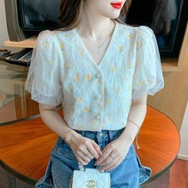 EAGLE PEAK 여름 프렌치 기질 브이넥 자수 레이스 상의 여 퍼프소매 쉬폰 시크룩 블라우스