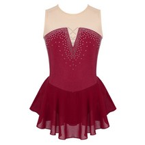 피겨연습복 피겨 스케이트 복 드레스 의상 키즈 소녀 리듬 체조 레오타드 드레스 긴 소매 모의 목 튤 스플, 28 D-Burgundy_06 14