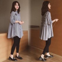 흔치않아!~여성 빅사이즈 체크 캉캉 플레어 롱블라우스