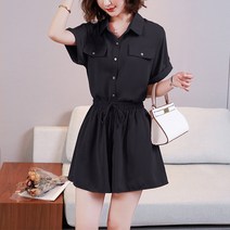 스타일아유 여자 여름 캐주얼 정장세트 카라 셔츠 롤업 블라우스 밴딩 반바지 세트 4color 정장