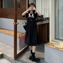 공주 소녀 샤랄라 원피스 네이비 컬러블루 체크 여자 여름블루 체크 신생 일본식 귀여운 대학 풍 롱 스커트