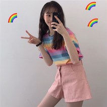 단가라반팔티셔츠 유행 CEC t셔츠 여성 무지개 색상 줄무늬 숏 현아한 무드 MSCHF 상의 2152084021