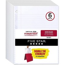 Five Star 링바인더 속지 3구 타공 처리 강화 가로줄 간격 넓음 26.7 x 20.3cm(10-1/2 8인치) 100매/팩 3팩 (38033) 화이트 214415, 6 Pack