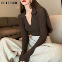 BGTEEVER 캐주얼 턴 다운 칼라 여성 니트 티셔츠 긴 소매 스키니 풀오버 봄 솔리드 탑스