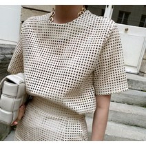 여성봄가방ZCSMLL 두 개 세트 여성 o-넥 메쉬 중공 원근법 가죽 반팔 탑 하이 웨스트 가방 힙 스커트 2021