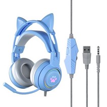 노이즈캔슬링 블루투스 헤드셋 헤드폰 RGB 라이트 게이머 고양이 귀 게임용 마이크 포함 HD 노이즈 캔슬링 오버 이어 PC 노트북 용 여성 선물용, [02] Blue