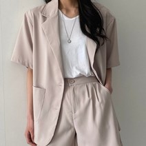 [워니쇼룸]찰랑카라자켓반바지셋 숏팬츠 뒷밴딩 반팔 여성 정장세트 투피스 여름