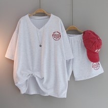 Maker 자수 브이넥 세트 빅사이즈 오버핏 롱티 반바지 트레이닝