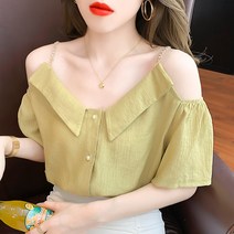 일자 어깨 쉬폰 상의 여 여름 얇은 고급스러움 루즈핏 스위트 오프숄더 나시 반팔 셔츠