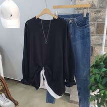 상상그이상 여성용 국내제작 간절기 무지 레이어드 맨투맨 빅사이즈 티셔츠 특양면 소재 박스 맨투맨