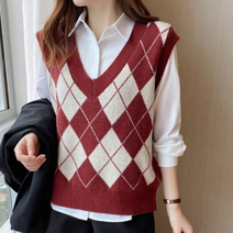 데이홀릭 여성용 가을 브이넥 깊은 브이넥 아가일체크 니트 조끼