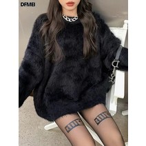 블랙 뽀글이 니트 스웨터 여 겨울 도톰 중기장 루즈핏에 시크한 상의 여