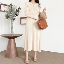 아모르데이 여성용 왓슨 롱 라운드 물결 포인트 골지 나그랑 니트 원피스