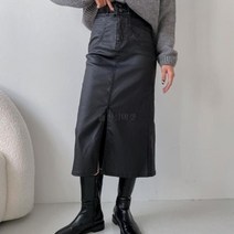 브이와이 여자 검정 투버튼 FW 코팅 일자 롱 레더 스커트