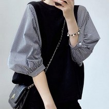 케이에비뉴 라운드넥 볼륨 소매 블라우스