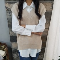 상상그이상 여성용 국내제작 하찌 트임 니트조끼 부드러운 필수 블라우스 코디세트 보풀 없는 캡소매 루즈핏 레이어드 가성비 좋은 브이넥 베스트 조끼세트 사계절 데일리템