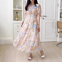 코지 화사한 꽃놀이 플라워패턴 스모크 반팔 롱원피스