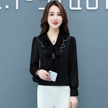 Makone 여자 봄가을 상의봄 코디 화이트 셔츠 여 긴팔 기질 리본 블라우스