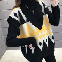 상품 봄 가을 브이넥 사각 무늬 니트조끼-844