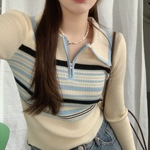 [랜덤플레이] 배색 카라넥 단가라 스트라이프 골지 니트