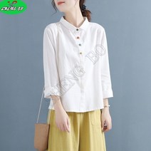 SHENGBO여성 데일리 린넨 셔츠 무지 블라우스 긴발셔츠+HY107WH