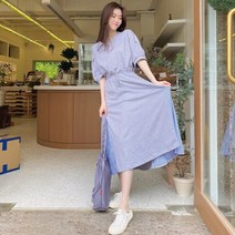 [세인트이브] 2439 퍼프소매 허리끈조절 가능 배색 밑단프릴 롱원피스