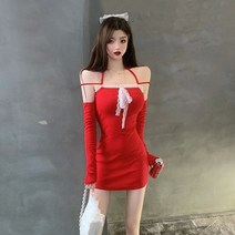 랩 끈나시 뷔스티에원피스 인싸템 아나운서 복장 여성 성탄 레드 화이트 오픈숄더 긴 소매 슬림 1368670429