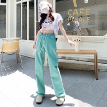 DFMEI 와이드 데님 팬츠 여 프레쉬 스트링 조절 가능한 키 큰 와이드 스트레이트 팬츠