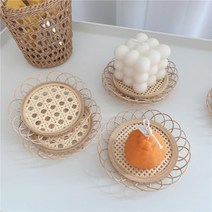 라탄 티 코스터 받침 2Type 케인 해바라기 플라워 대나무 우드 컵받침, A.체크