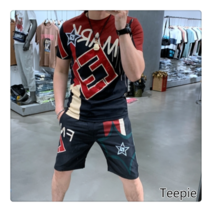 티피/Teepie 반팔 슬림 얇은 캐주얼 티셔츠 얇은 정장 남성 여름 신작 프린트 반바지 투피스 세트