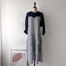 기하학 패턴 루즈핏 A라인 캉캉 레이어드 롱 쉬폰 원피스 2컬러