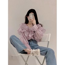 프릴블라우스 목 라인 프릴 넥 카라 블라우스 보라색 쉬폰 긴팔 셔츠 여성 디자인 감각 틈새 봄 불규칙 레이어드 프렌치 탑