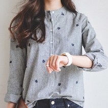 밍키비 100252C 여성용 잎사귀 자수 차이나 카라 셔츠 3015