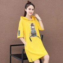 빅사이즈원피스 캐주얼 미들롱타입 원피스스커트 여성여름옷 2019뉴타입 여름 유행 날씬해보이는 t반팔티셔츠 모자달린후드